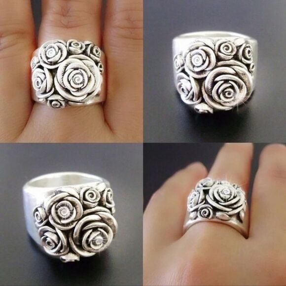 Vintage silver plated rose floral wide band ring Size 7 - Picture 2 of 3
